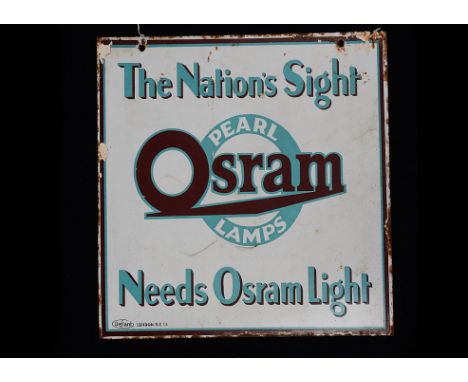 Ephemera-Enamel sign, a " Osram Pearl Lamps", The Nations Sight, Needs Osram Light. Blue, brown and white sign. Made by " Def