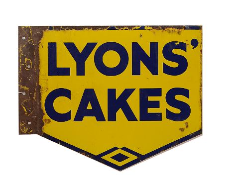 Ephemera - Enamel Sign, a " Lyons Cakes" sign, yellow and blue enamel with flattened corner edge, 39cm x 49cm some enamel dam
