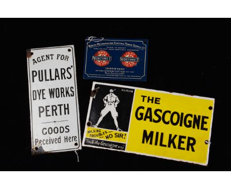 Ephemera-Enamel sign, a "The Gascoigne Milker" sign 13.5cm x 25cm together with a "Pullar's Dye works" example 22.5cm x 10cm 