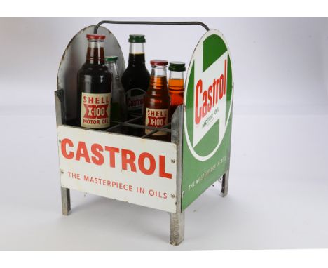Motoring-Oil, a "Castrol"  Motor oil, bottle display carrier, with enamel logo ends. Nine segments with wire carry handle abo