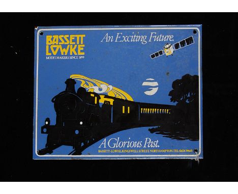 Ephemera-Enamel sign, a " Bassett Lowke"  An exciting future, model train sign ( possible reproduction). Good colour slight c