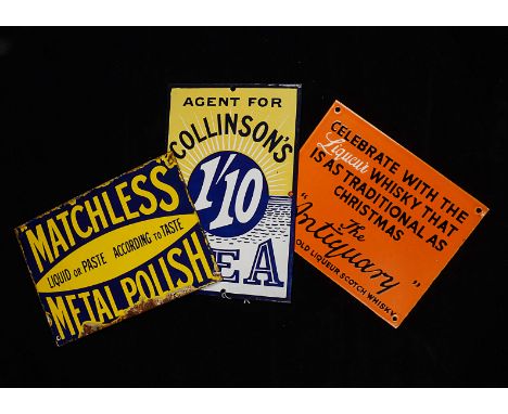Ephemera-Enamel sign, a "Matchless Metal Polish" sign 20cm x 30.5cm severe edge damage, together with a "Collinson's Tea 30.5