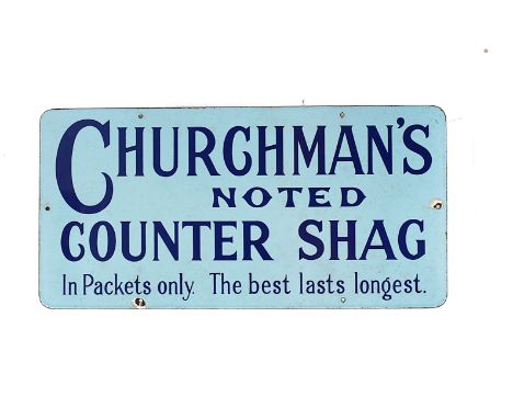 Ephemera-Enamel sign, a " Churchman's Counter Shag" example in light and dark blue. Six mounting holes, some chipping to edge