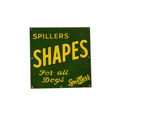 Ephemera-Enamel sign, a " Spillers Shapes" for all dogs. Printed in England Green and yellow, approx. 30cm x 30cm, 8 mounting