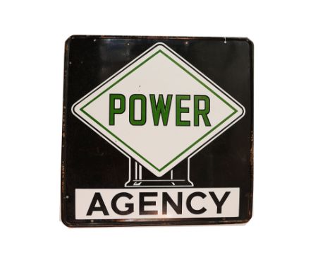 Motoring-Sign, a "Power Agency" with black, green and white enamel, large square example, 89cm x 89cm with globe type logo an