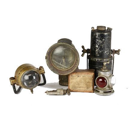  Motorcycle, a Miller Carbide motorcycle lamp together with a Westwood Lamp, Fountayne , London, tail light, canister and spa