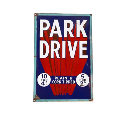 Ephemera-Enamel sign, a "Park Drive, Plain and Cork Tipped" single sided wall mounted sign,76cm x 50.5cm. Six mounting holes,