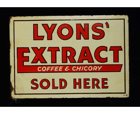 Ephemera-Enamel sign, a "Lyons Extract" , coffee and chicory "Sold Here" sign, double sided , side mount ,in red, brown and c