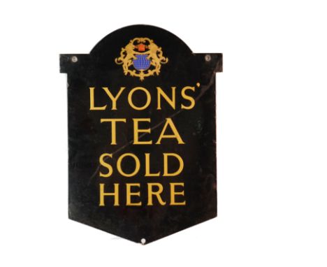 Ephemera - Enamel Sign, a " Lyons Tea Sold here" sign. Black, gold and logo to top, two sided 61cm x 42cm good condition with