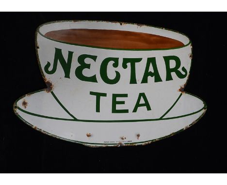 Ephemera-Enamel sign, a "Nectar Tea" , tea cup sign, brown and green on white background, good colour, some surface and edge 