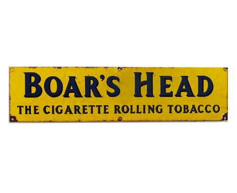 Ephemera-Enamel sign, a " Boar's Head" The cigarette rolling Tobacco, yellow and blue sign. 17.5cm x 71cm, good colour, some 