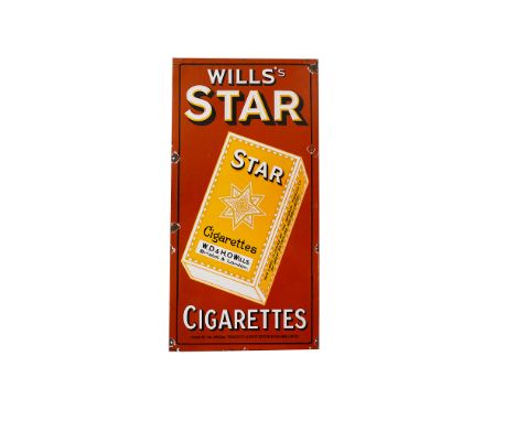Ephemera-Enamel sign, a "Will's Star" cigarettes, brown and yellow sign with Star packet displayed. Issued by The Imperial to
