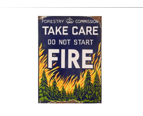 Ephemera - Enamel Sign, a Forestry Commission " Take care do not start a fire" sign. Blue, white, green and yellow sign with 