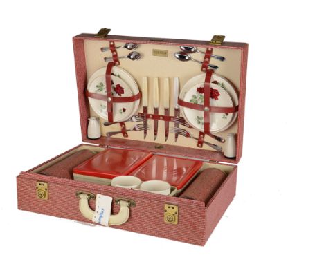  Motoring, a vintage "Brexton" picnic case. With 4 place setting red rose pattern No 7969 including 2 thermos flasks and 2 ma
