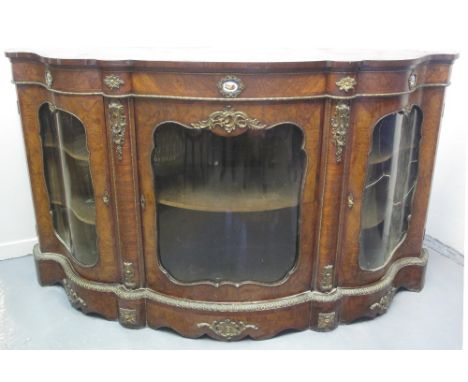 LARGE VICTORIAN INLAID WALNUT CREDENZA having overall gilt metal foliate mounts with painted porcelain panels in the Sevres s