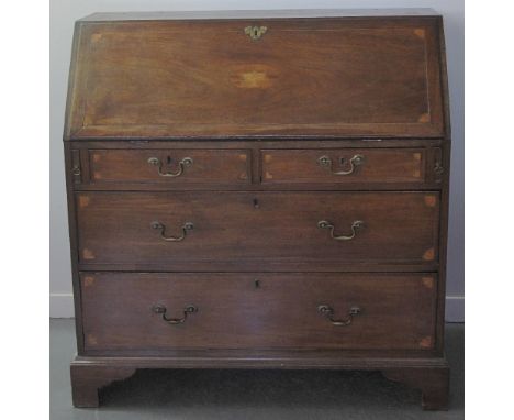 EARLY 19TH CENTURY INLAID MAHOGANY FALL FRONT BUREAU, the moulded fall revealing fitting interior of drawers, pigeon holes an