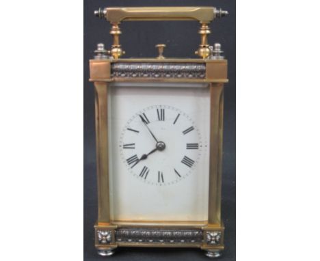 GOOD QUALITY FRENCH GILT BRASS AND WHITE METAL PRESENTATION CARRIAGE CLOCK, the gourd shaped case with acanthus leaf white me