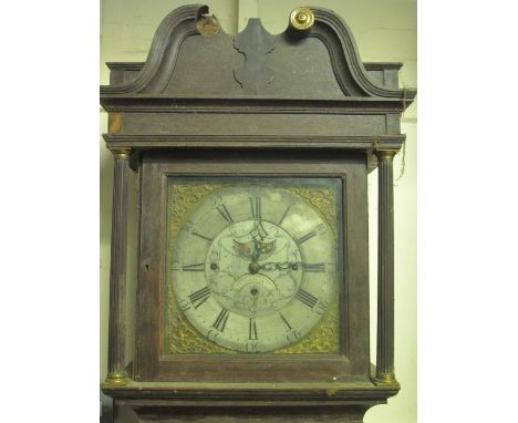 18TH CENTURY THREE TRAIN OAK LONG CASE CLOCK, face marked: 'Thomas Lister of Halifax', the case with broken swan neck pedimen