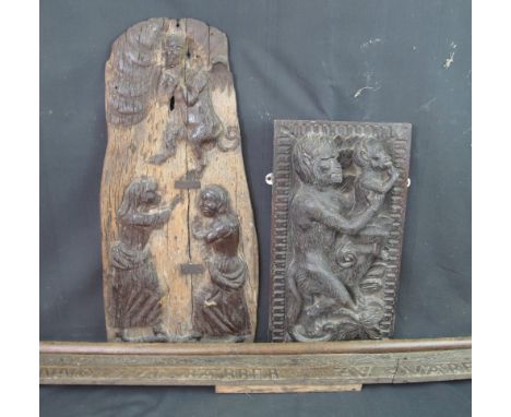 17TH CENTURY CARVED OAK ARCHITECTURAL SCULPTURAL FRAGMENT, carved in relief with two female figures and a satyr above their h