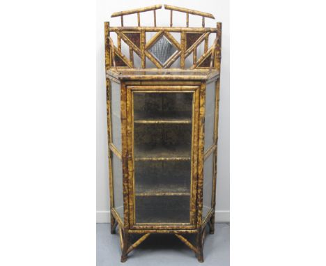 EARLY 20TH CENTURY BAMBOO DISPLAY CABINET, having single door and flanked by glazed panels.  The gallery top with central loz