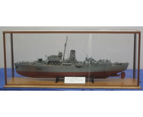 WELL MADE SCALE MODEL OF THE FLOWER CLASS CORVETTE 'HMS BLUEBELL'.  Perspex case.  Model 85cm approx.(B.P. 24% incl. VAT)