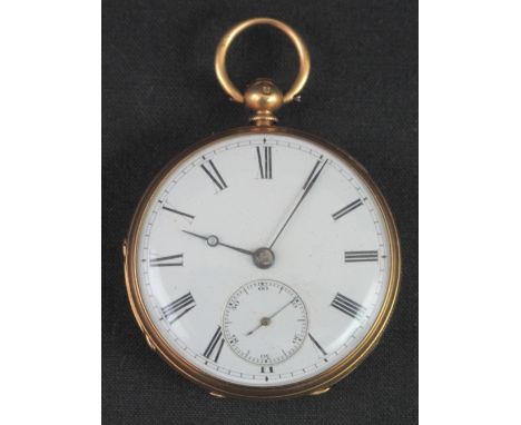 18CT GOLD, OPEN FACED, ENGINE TURNED POCKET WATCH marked: James Hanymon and Son, Northampton Square, London.  White enamel fa