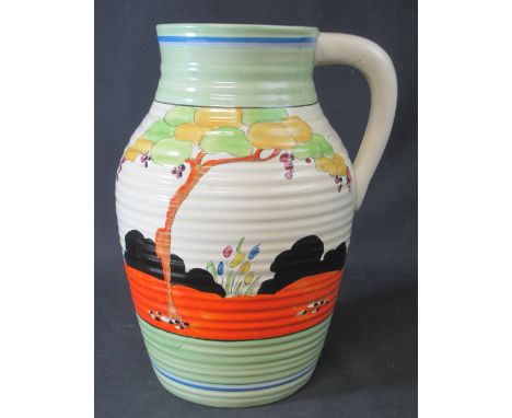 CLARICE CLIFF WILKINSON POTTERY RIBBED LOTUS JUG, hand painted 'Bizarre' series in 'Tulips' pattern, printed marks to base, c