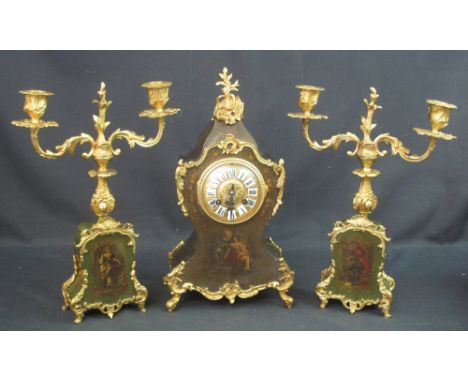 19TH CENTURY FRENCH, ORMOLU MOUNTED CLOCK GARNITURE, the balloon shaped, two train clock with ceramic numerals and overall fl