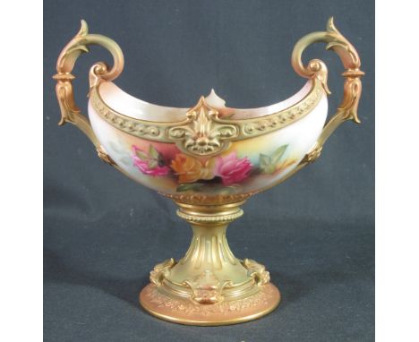 ROYAL WORCESTER PORCELAIN 'HADLEY' STYLE BOAT SHAPED, TWO HANDLED, PEDESTAL BOWL, painted internally and externally with rose