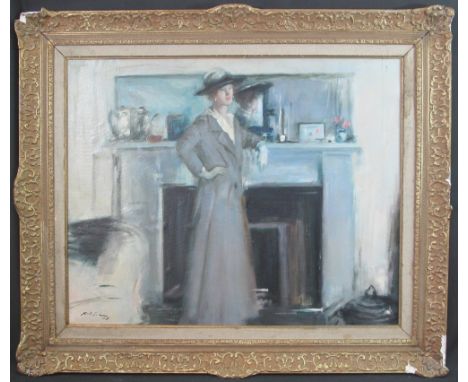 CONTINENTAL SCHOOL, (early 20th Century, possibly French), portrait of a lady in full length grey coat against fireplace, ind