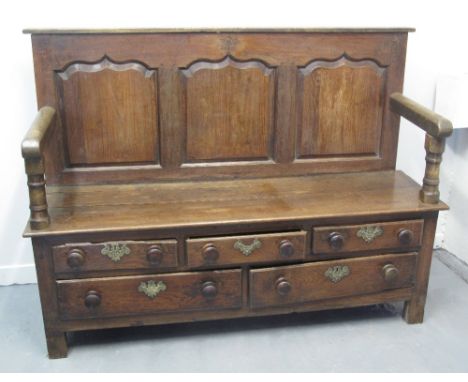 PART 18TH CENTURY OAK SETTLE constructed from the front panel and base of an 18th Century Welsh oak coffer, the back with poi