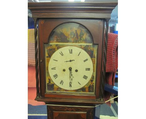EARLY 19TH CENTURY MAHOGANY EIGHT DAY LONG CASE CLOCK, having flat hood over arched aperture flanked by spirally turned colum