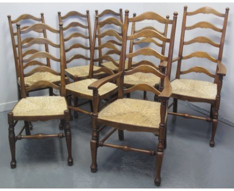 SET OF EIGHT (6+2) 20TH CENTURY LADDER BACKED DINING CHAIRS, in 19th Century style, of mixed woods, having turned finials, sh