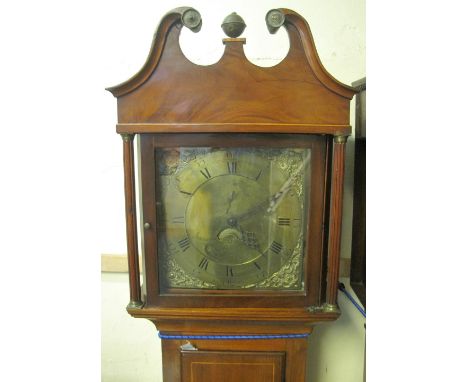 18TH CENTURY 30 HOUR BRASS FACED LONG CASE CLOCK, marked: Joseph Geller of Bath, in a later mahogany case with broken swan ne
