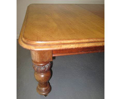 VICTORIAN MAHOGANY WIND-OUT EXTENDING DINING TABLE, the moulded edge top with curved angles, standing on bold, baluster turne