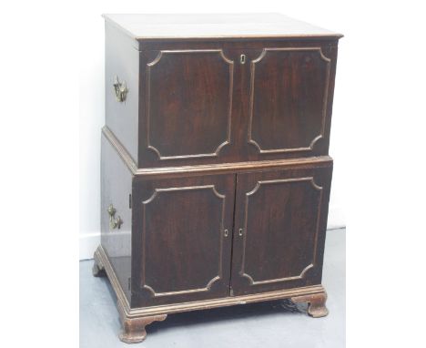 18TH CENTURY MAHOGANY TWO STAGE CHEST UPON CUPBOARD, the moulded edge hinged top revealing a fitted interior above two moulde