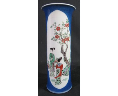 CHINESE PORCELAIN STRAIGHT SIDED CYLINDER VASE with flared neck, overall painted in Famille Verte enamel palette in the 18th 