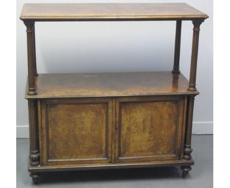 VICTORIAN WALNUT BUFFET, having top on turned supports above two blind panelled cupboards with turned legs and ceramic caster