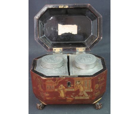 EARLY 19TH CENTURY CHINOISERIE DECORATED OCTAGONAL TEA CADDY overall decorated with gilded Chinese scenes on a red lacquered 