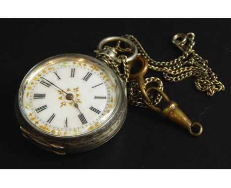 A silver fob watch, in white enamel dial, with gold motifs, key wind, on a silver plated chain. 