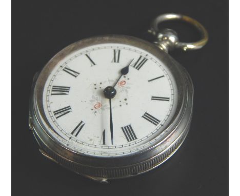 An early 20thC engraved Swiss white metal fob watch, the white enamel dial decorated with Roman numerals, stamped 0.800