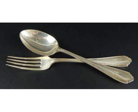 A George V silver matching dessert spoon and fork, engraved with monogram E.R.B., Sheffiled 1937, 3½oz.