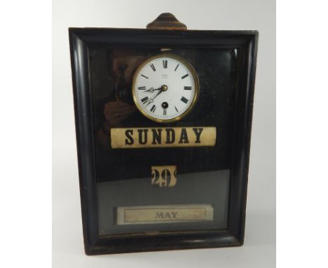A 19thC French wall timepiece and calendar, the white enamel dial with Roman numerals, stamped Collet, in an ebonised case, 3