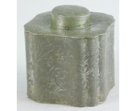A Victorian Richard Ford Sturges pewter tea caddy, of square form with re-entrant corners, decorated overall with leaves, sta