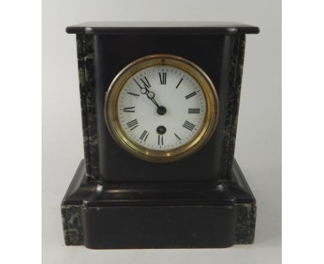 A late 19thC French black slate and marble mantel timepiece, the white enamel  dial with Roman numerals, 23cm high