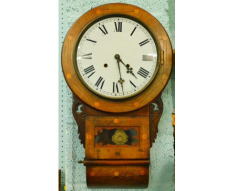 An American walnut and parquetry drop dial wall clock, with a later white enamel dial, painted with Roman numerals, the case 