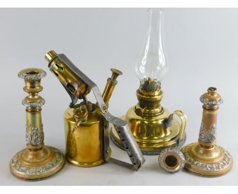 Various metalware, blow lamp, 24cm high, telescopic candlesticks, and a taper stick. (a quantity) (AF)