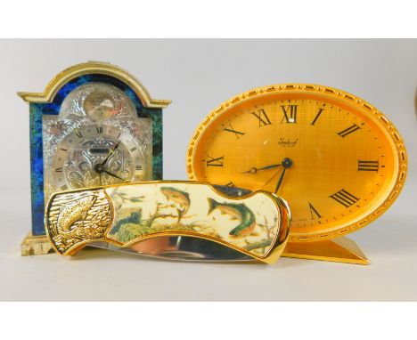 Two small clocks etc, a gilt brass Imhof oval timepiece 8cm high and a Swiza miniature bracket clock, 9cm high and a Franklin