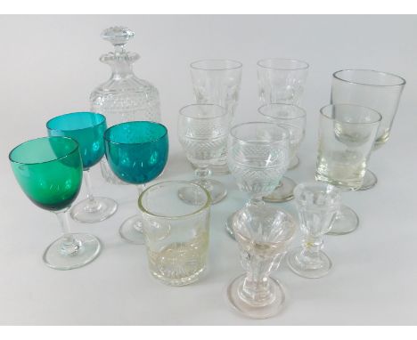 A collection of early 19thC and later glass, to include a spirit decanter and stopper, a matching set of three wine glasses w