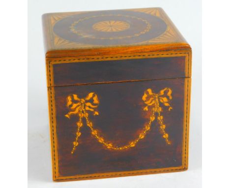 A Sheraton Revival mahogany and boxwood single tea caddy, of square outline, with garland and floral patera, the front decora